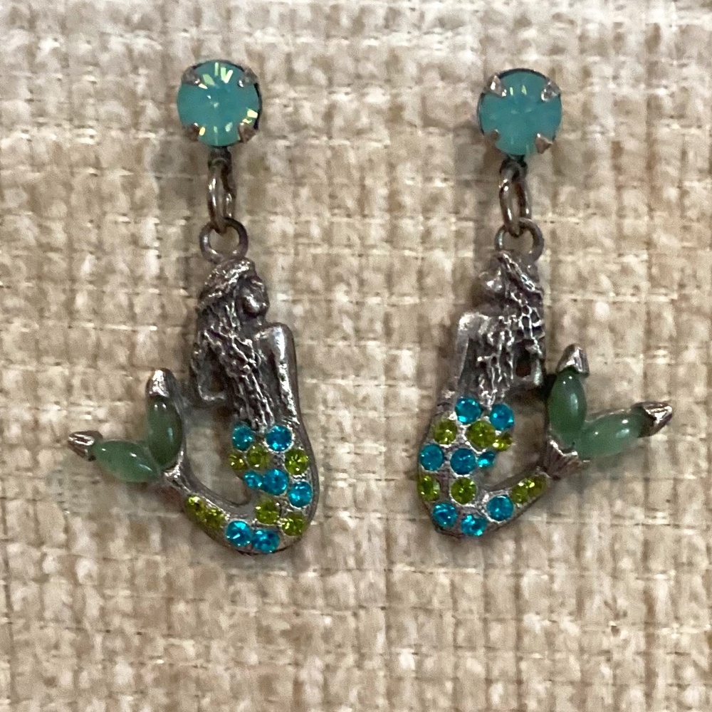 Mermaid Stud drop earrings green & silver